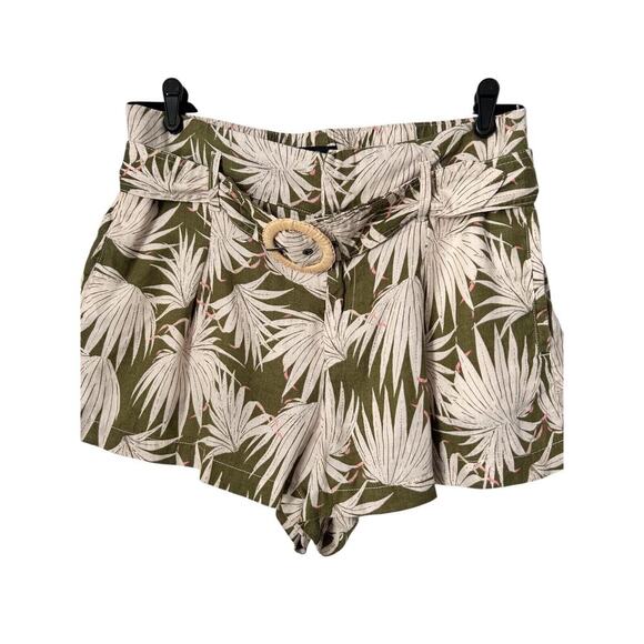 Tahari Shorts Womens Size L Tropical Palm Trees 100% Linen Belted Green Cream - Picture 1 of 10